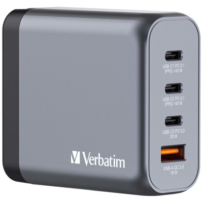 AC-adapter Verbatim GaN Charger 140W, 3xUSB-C / 1xUSB-A, inkl. reseadapter EU/UK/US#1