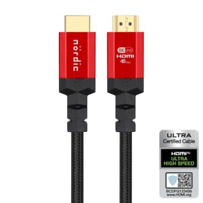 NÖRDIC CERTIFIED CABLES Certifierad 1m Röd HDMI Ultra High Speed 8K 60Hz 4K 120Hz 48Gbps Dynamic HDR eARC Game Mode VRR Dolby ATMOS nylonflätad kabel guldpläterade kontakter HDMI 2.1