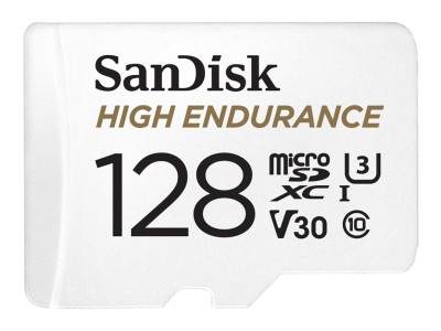 Micro Secure Digital SDXC 128 GB Sandisk High Endurance, 100/40 MB/sek, UHS-I U3 Class10 V30, inkl. SD-adapter