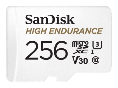 256 GB MicroSDXC SanDisk High Endurance, 100/40 MB/sek, Class 10, UHS-I U3, inkl. SD-adapter