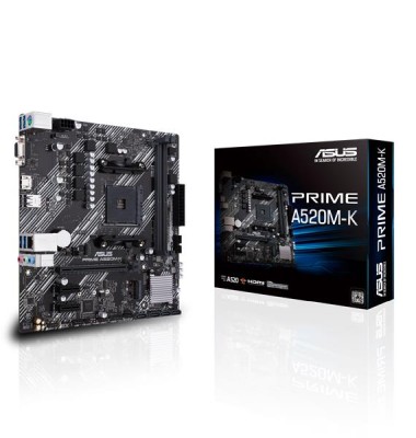 Asus PRIME A520M-K, AMD Socket AM4, A520, MicroATX, 2xDDR4, PCI Express, M.2 + SATA3 RAID, VGA/HDMI, 7.1-ljud, USB 3.1, GigaLAN