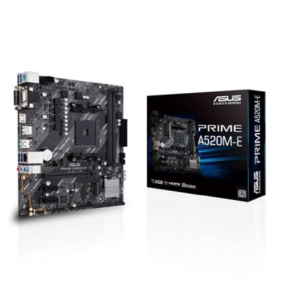 Asus PRIME A520M-E, AMD Socket AM4, A520, MicroATX, 2xDDR4, PCI Express, M.2 + SATA3 RAID, VGA/DVI/HDMI, 7.1-ljud, USB 3.1, GigaLAN