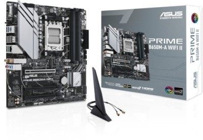 Asus PRIME B650M-A WIFI II, AMD AM5, MicroATX, 4xDDR5, PCI Express, 2xM.2 + SATA3 RAID, VGA/HDMI/DP, USB-C (front), 2.5Gbe LAN, WiFi 6, Bluetooth 5.2, Aura Sync RGB