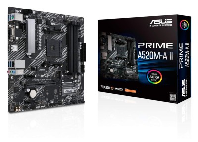 Asus PRIME A520M-A II, AMD Socket AM4, A520, MicroATX, 4xDDR4, PCI Express, M.2 + SATA3 RAID, VGA/HDMI/DP, 7.1-ljud, USB 3.1, GigaLAN, Aura Sync RGB