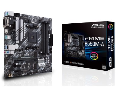 Asus PRIME B550M-A, AMD Socket AM4, B550, MicroATX, 4xDDR4, PCI Express, 2xM.2 + SATA3 RAID, VGA/DVI/HDMI, 7.1-ljud, USB 3.2, GigaLAN, Aura Sync RGB