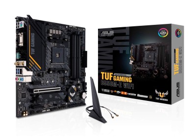 Asus TUF GAMING B550M-E WIFI, AMD Socket AM4, B550, MicroATX, 4xDDR4, PCI Express, 2xM.2 + SATA3 RAID, VGA/HDMI/DP, 7.1-ljud, USB-C, GigaLAN, WiFi 6, Bluetooth, Aura Sync RGB