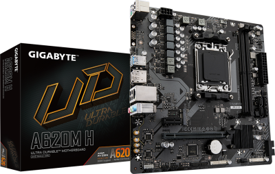 Gigabyte A620M H, AMD AM5, MicroATX, PCI Express, 2xDDR5, M.2 + SATA3 RAID, HDMI/DP, GigaLAN