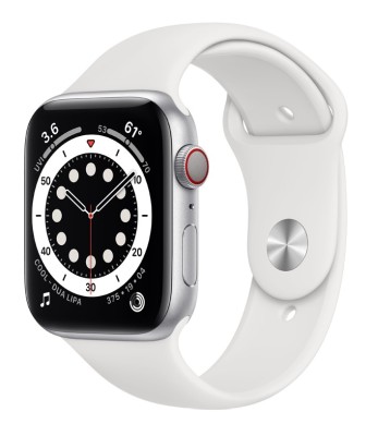 Apple Watch Series 6 GPS + Cellular, 44mm Silver Aluminium Case with White Sport Band - Regular