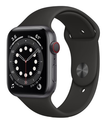 Apple Watch Series 6 GPS + Cellular, 44mm Space Grey Aluminium Case with Black Sport Band - Regular