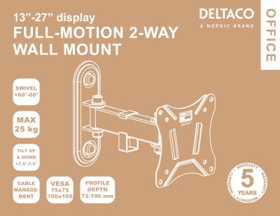 DELTACO OFFICE Fullt-artikulerande väggfäste, tiltbar, svängbar, 13"-27", 25kg, svart#6