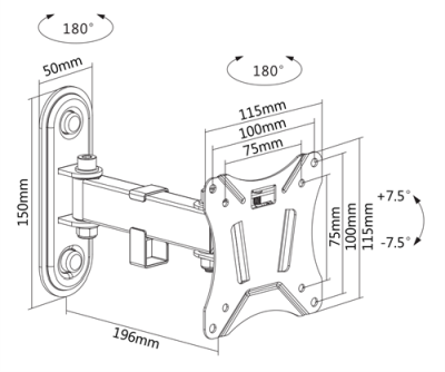 DELTACO OFFICE Fullt-artikulerande väggfäste, tiltbar, svängbar, 13"-27", 25kg, svart#7