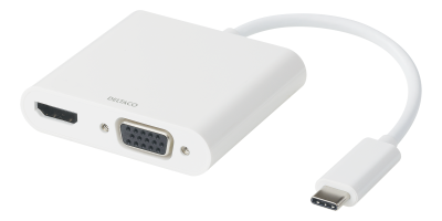 DELTACO USB-C dockningsstation, HDMI/VGA/USB-C, 100W USB-C PD 3.0, vit